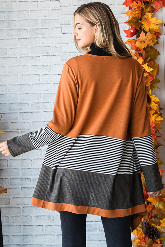 Orange Colourblock Striped Patchwork Open Cardigan