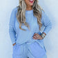 Light Blue Plus Size Ribbed Long Sleeve Top and Drawstring Shorts Set