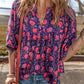 Purple Floral Half Sleeve Split Neck Blouse Top