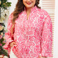 Pink Plus Size Floral Print Frilled Neck Puff Sleeve Top