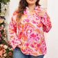 Pink Plus Size Abstract Floral Print V Neck Blouse