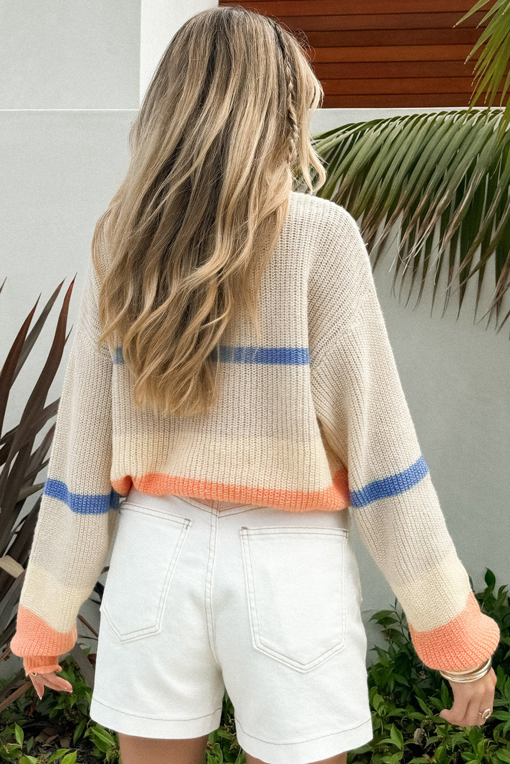 Beige Colourblock Striped Drop Shoulder Cozy Sweater