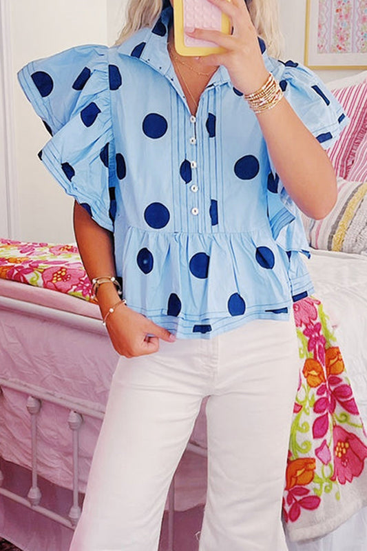 Sky Blue Polka Dot Print Ruffled Short Sleeve Buttoned Collared Blouse