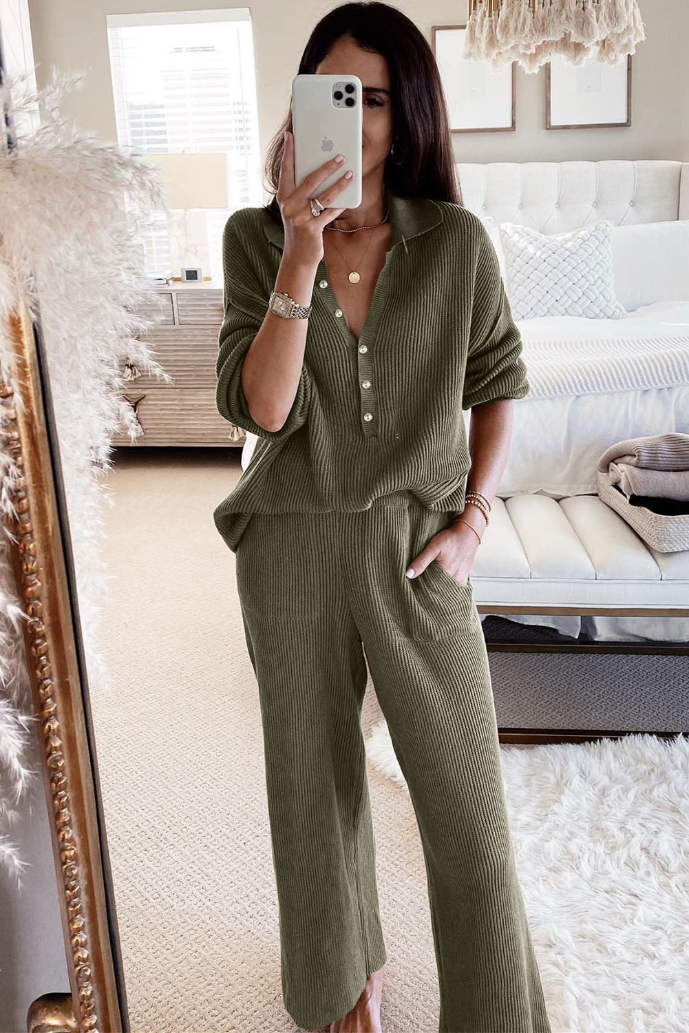 Green Ribbed Knit Collared Henley Top and Trousers Lounge Outfit