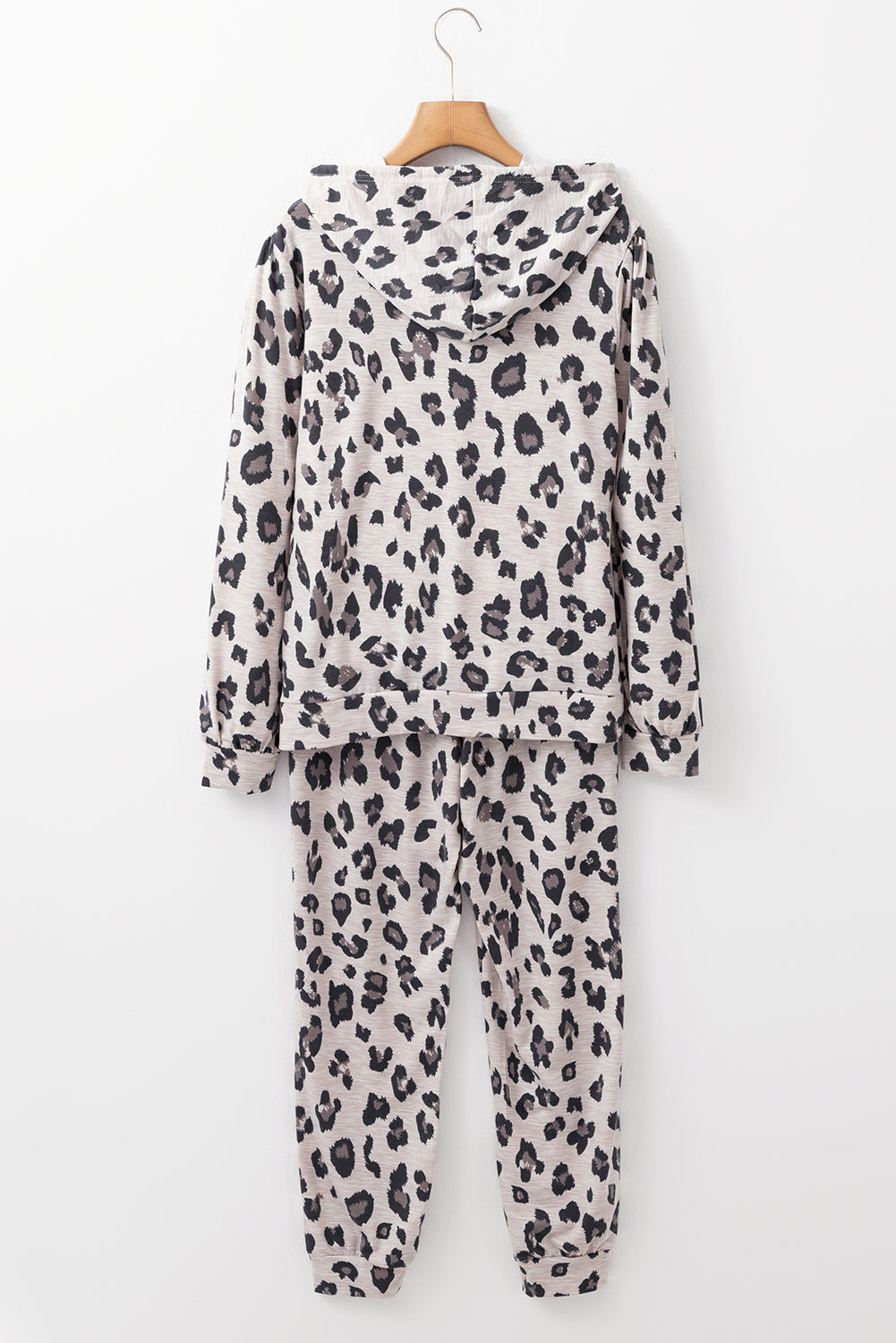 Khaki Leopard Print Drawstring Hoodie and Bottoms Pyjamas Lounge Set