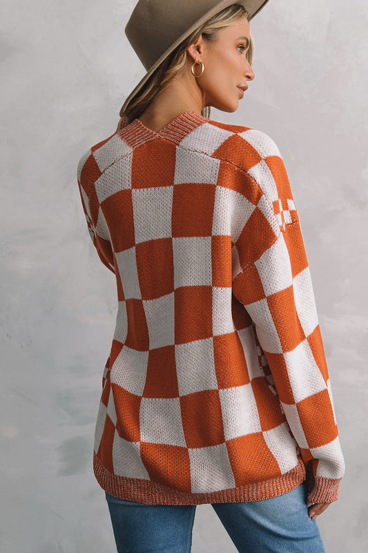 Chestnut Mix Checkered Open Front Knit Cardigan