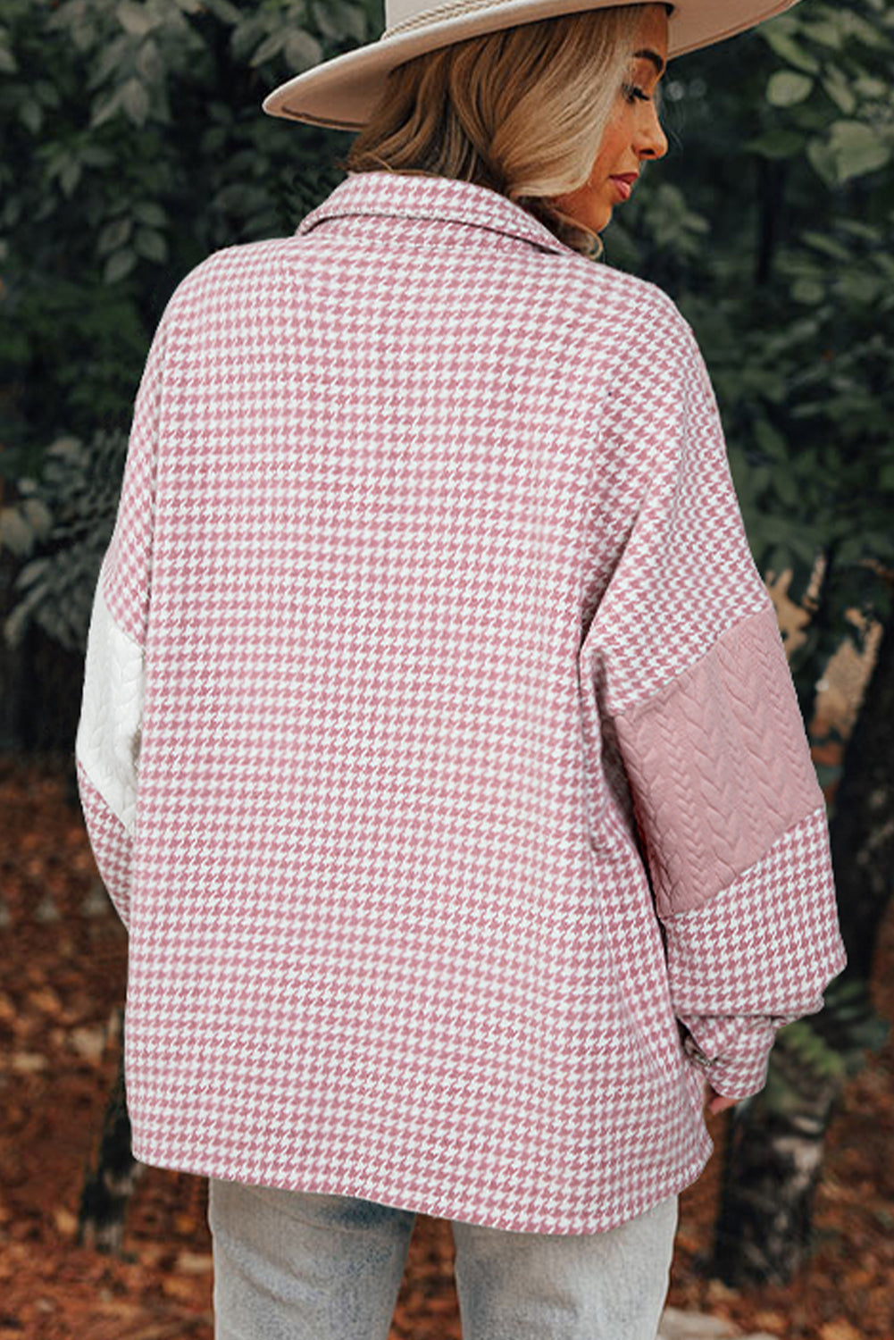 Pink Houndstooth Colour Contrast Textured Patchwork Loose Shacket