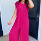 Bright Pink Terry Textured Sleeveless Button Front Wide Leg Jumpsuit