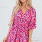 Pink Abstract Print Puff Sleeve V Neck High Waist Romper