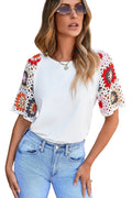 Turquoise Floral Crochet Short Sleeve Top - BB Fashion Outlet