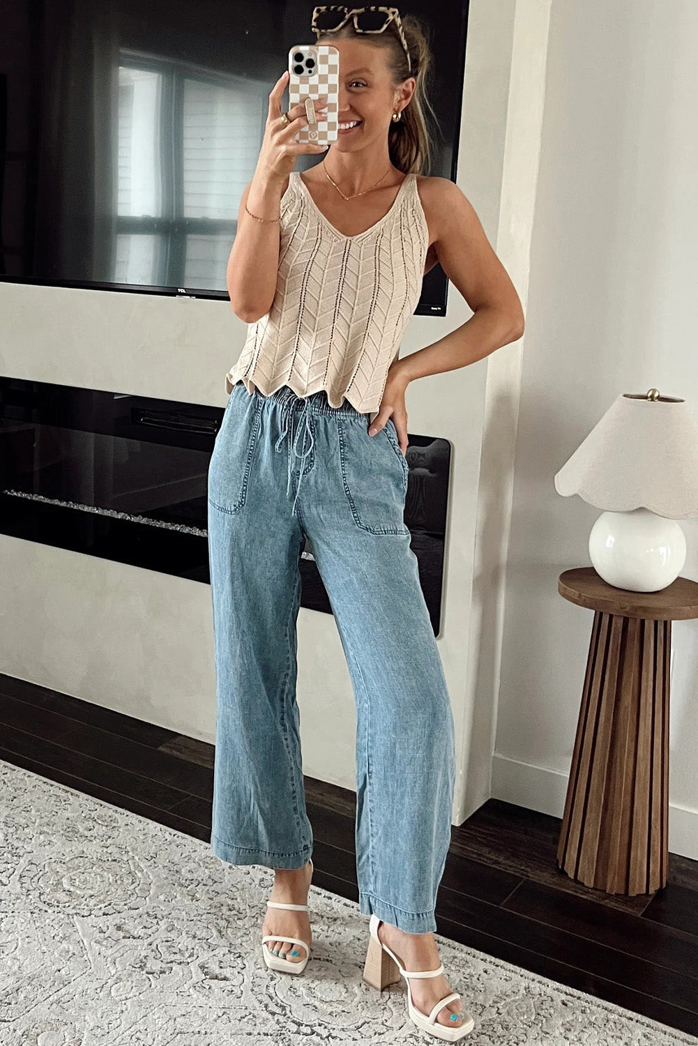 Myosotis Mineral Wash Drawstring Waist Loose Straight Denim Trousers