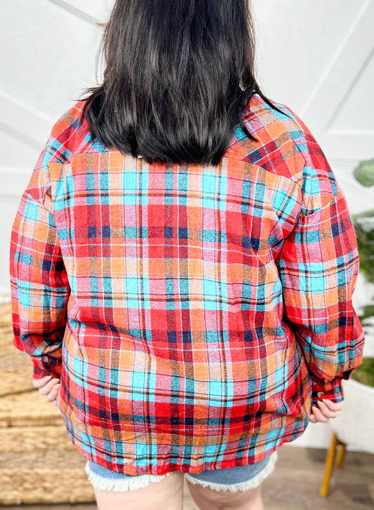 Red Plus Size Plaid Print Buttoned Shirt