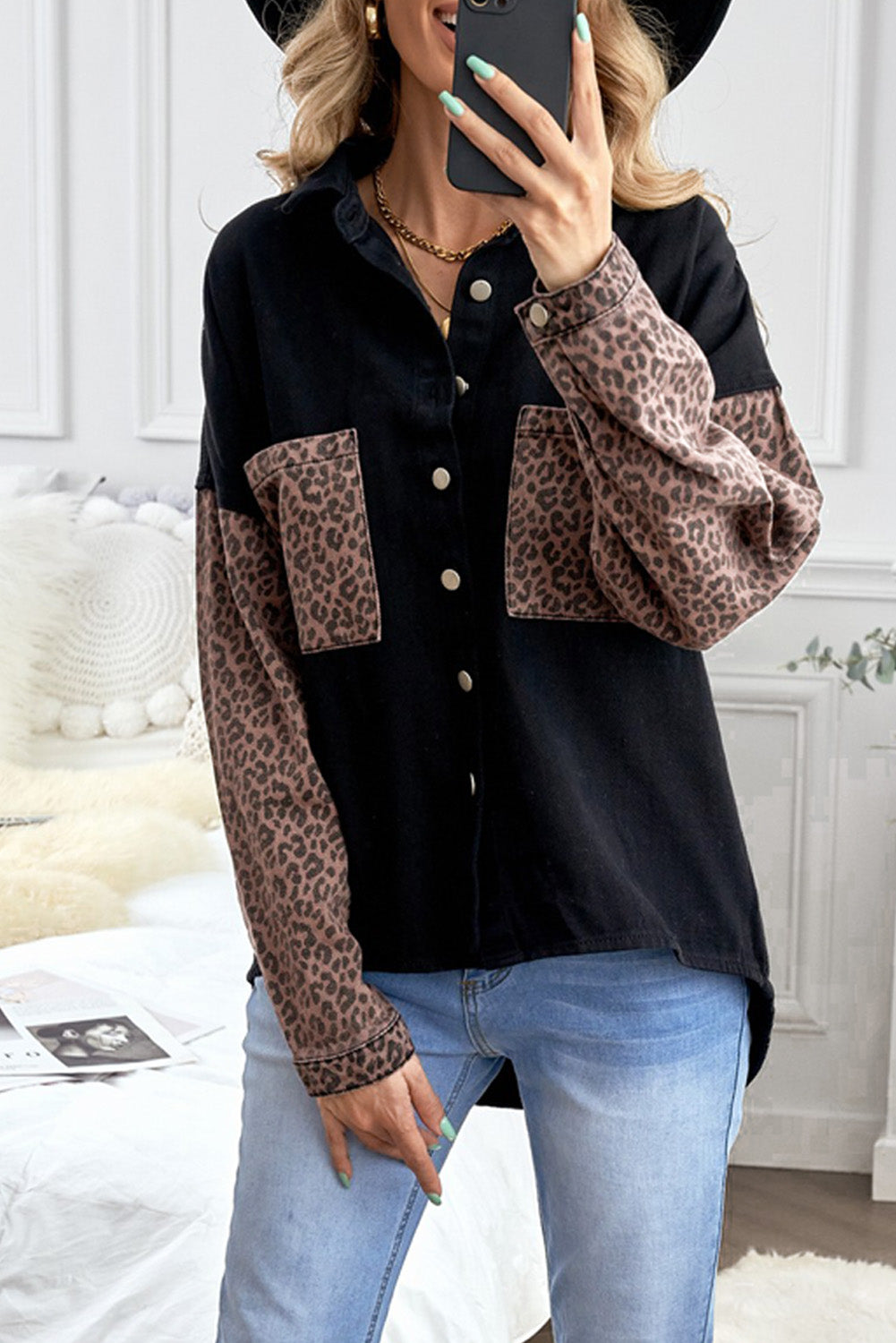 White Contrast Leopard Denim Jacket