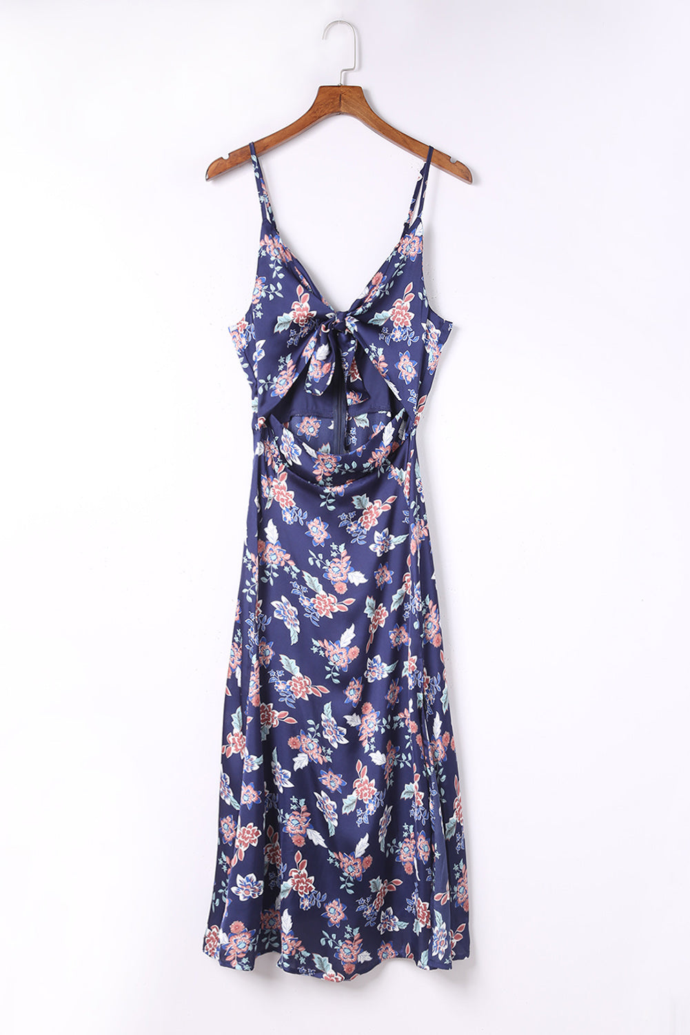 Blue Floral Print Bust Knot Long Dress with Slit