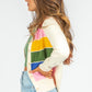 White Stripe Colorful Pattern Button Front Sweater Cardigan