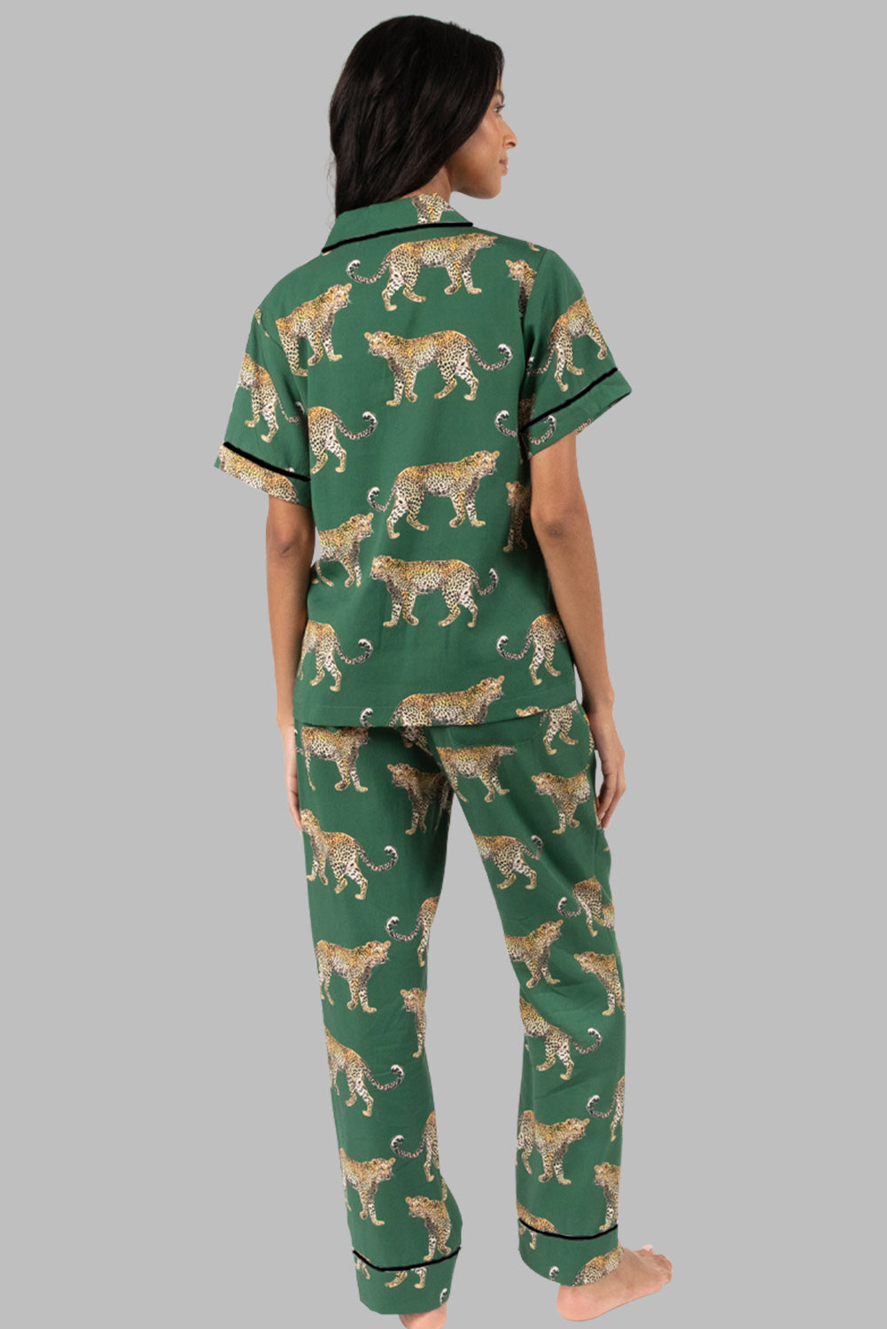 Green Cheetah Print Short Sleeve Shirt and Trousers Pyjamas Set