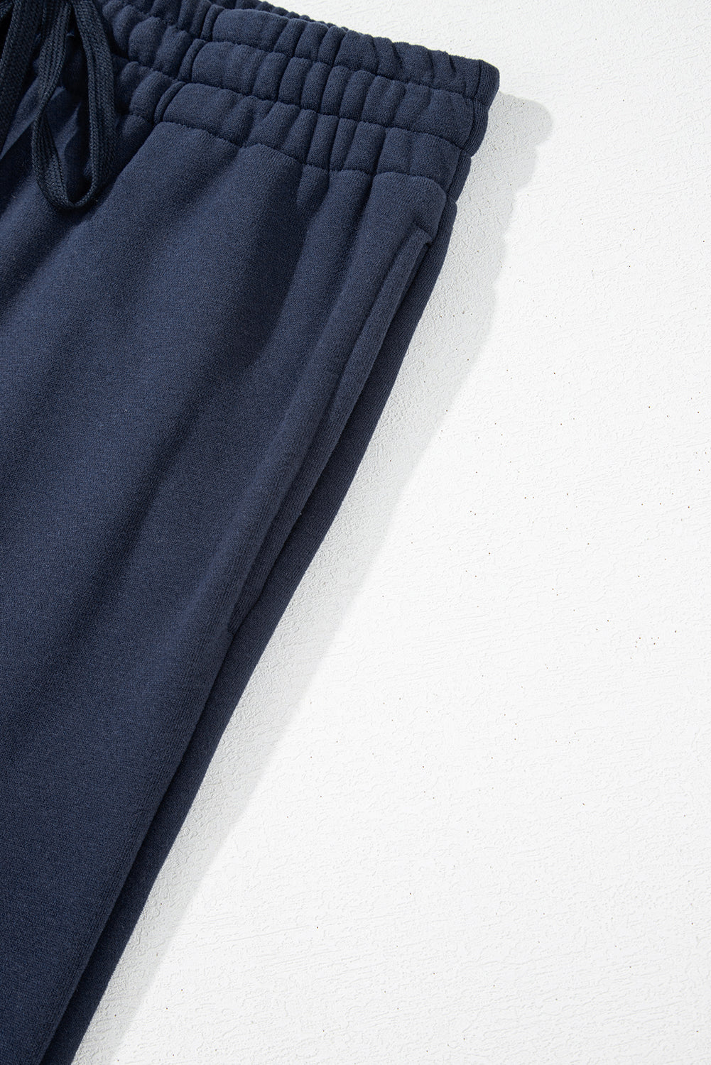 Navy Blue Solid Colour Fleece Lined Drawstring Waist Casual Trousers