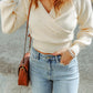 Beige Ribbed Long Sleeve Surplice Crop Sweater