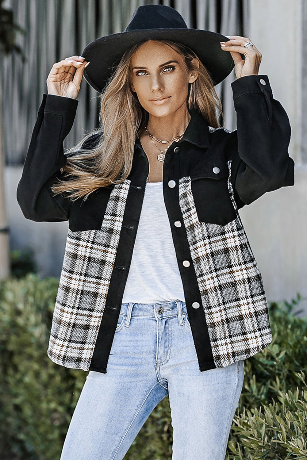 Black Plaid Patchwork Raw Hem Denim Jacket