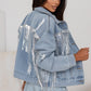 Sky Blue Sequin Embellished Fringe Distressed Denim Jacket