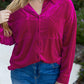 Bright Pink Plus Size Velvet Chest Pocket Drop Shoulder Shirt