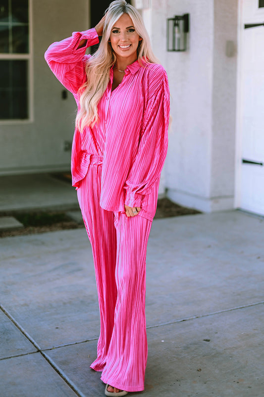 Rose Pleated Long Sleeve Shirt and Wide-Leg Trousers Set