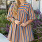 Khaki Stripe Contrast Striped Print 3/4 Sleeve Babydoll Plus Size Dress