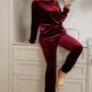 Fiery Red Solid Velvet Two Piece Lounge Set