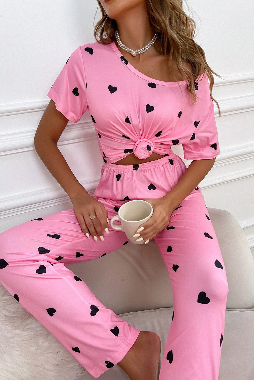 Pink Valentines Heart Print Tee and Trousers Lounge Set