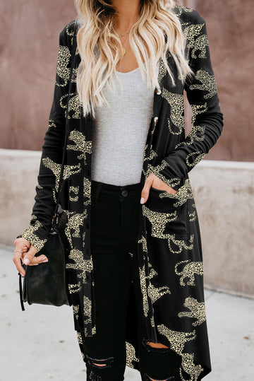 Black Printed Animal Print Ribbed Knit Cardigan