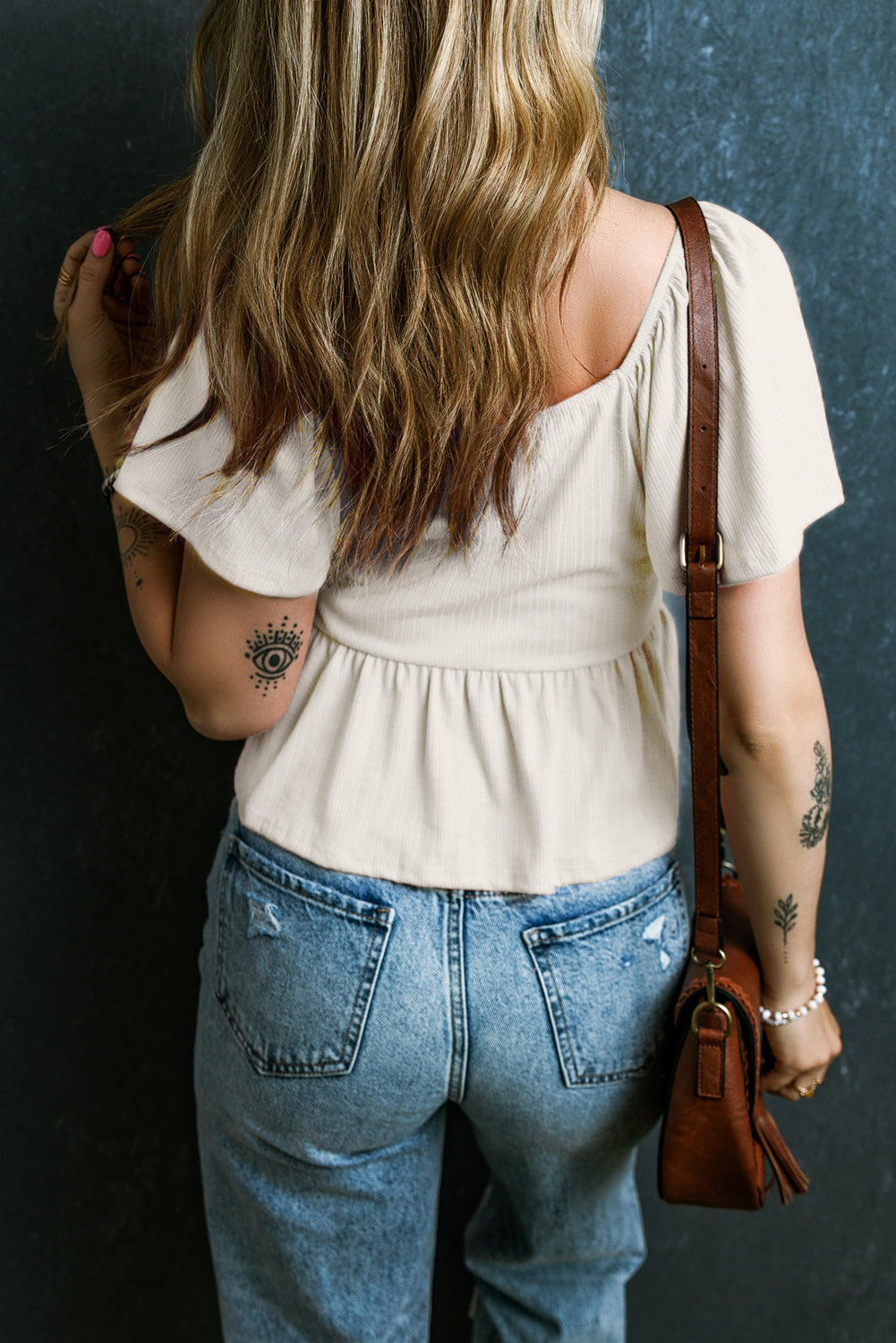 Oatmeal Shirred V Neck Short Flutter Sleeve Textured Blouse