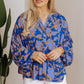 Blue Floral Print Batwing Sleeve Buttoned Loose Fit Shirt