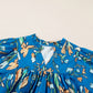 Blue Floral Notched V Neck Half Sleeve Plus Size Blouse