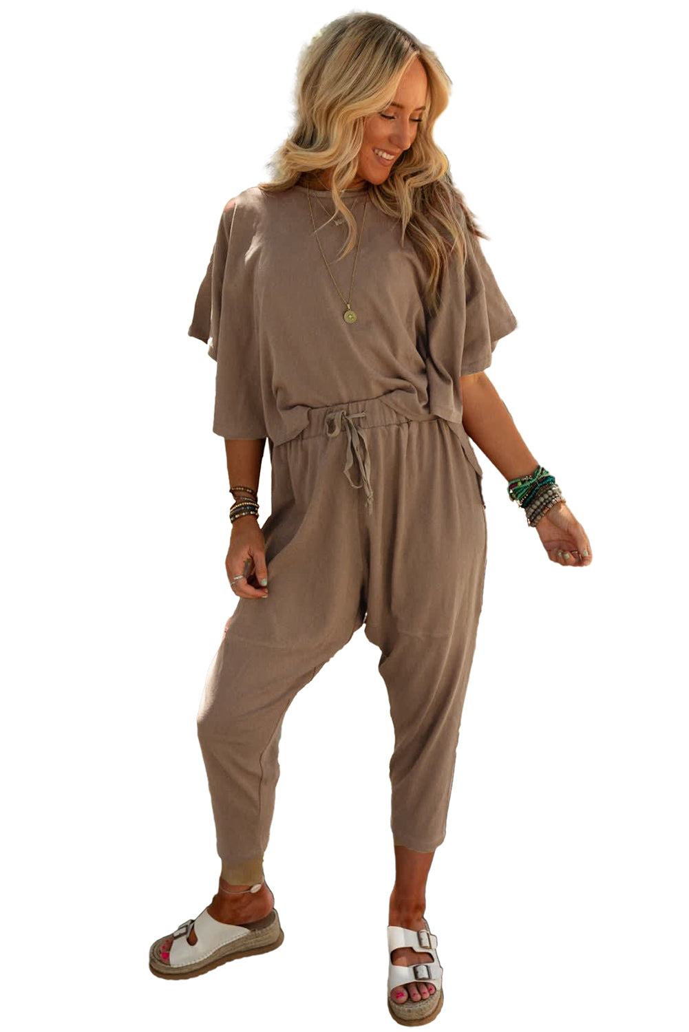 Simply Taupe High Low Boxy Fit Tee and Crop Trousers Set