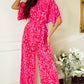 Rose Leopard Loose Sleeve Belted Wide Leg Jumpsuit