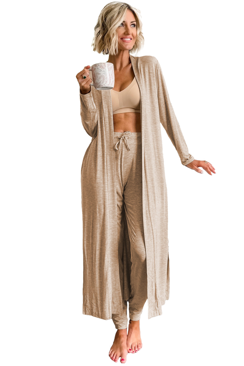 Light Grey Split Long Cardigan and Skinny Trousers Lounge Set