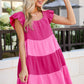 Pink Crinkled Colorblock Patchwork Flutter Tiered Mini Dress