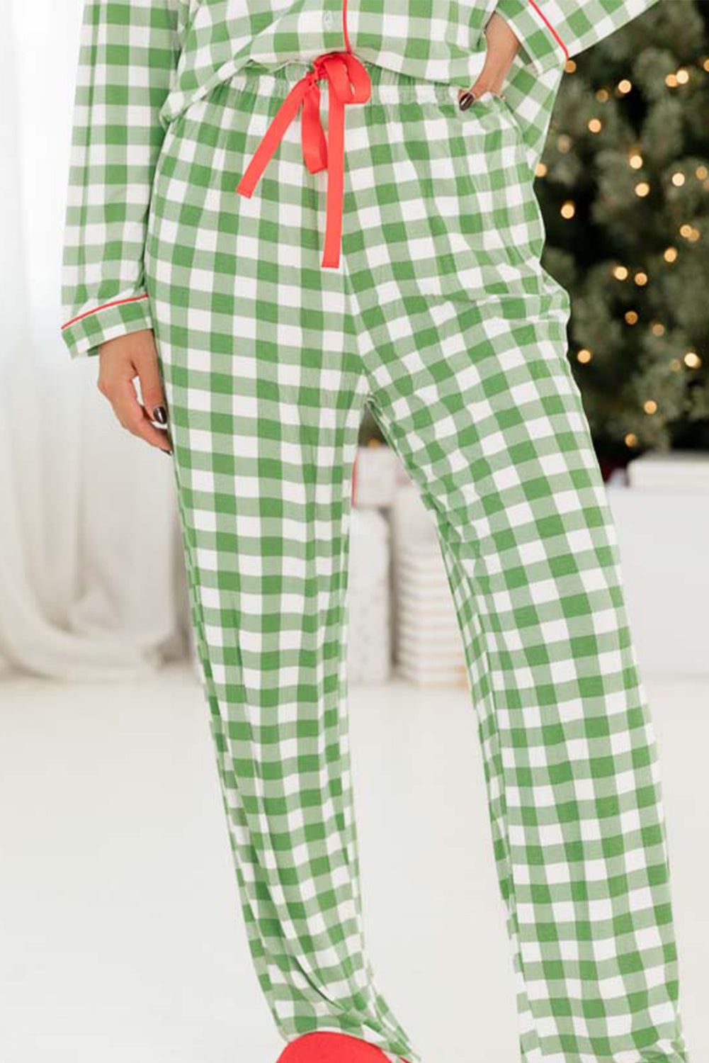 Light Green Christmas Plaid Print Shirt and Trousers Pyjamas Set