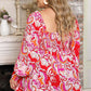 Fiery Red Plus Size Floral Sweetheart Neck Babydoll Blouse