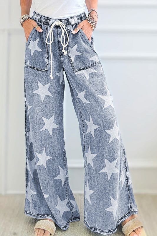 Light Blue Star Print Light Wash Drawstring High Waist Wide Leg Jeans