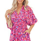 Pink Abstract Print Puff Sleeve V Neck High Waist Romper