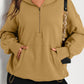 Brown Solid Kangaroo Pocket Half Zipper Oversized Hoodie