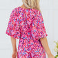 Pink Abstract Print Puff Sleeve V Neck High Waist Romper