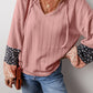 Dusty Pink Floral Patchwork Textured Knit Drawstring V Neck Blouse