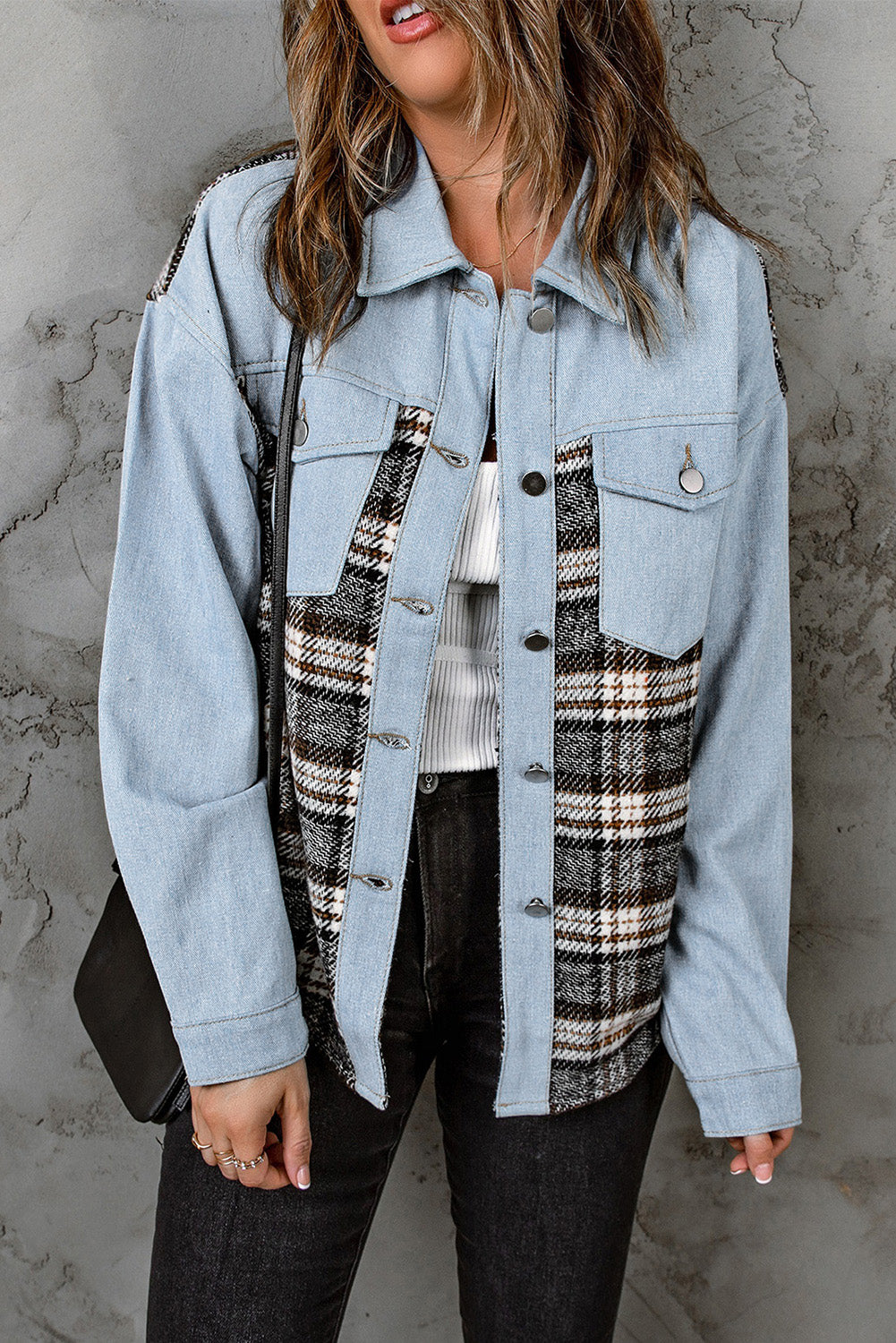 Black Plaid Patchwork Raw Hem Denim Jacket