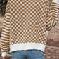 Brown Checkered Striped Patched Buttoned V Neck Cardigan