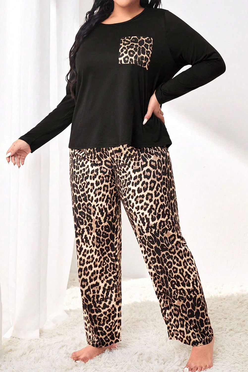 Black Leopard Patched Pocket Long Sleeve Top Plus Size Pants Set