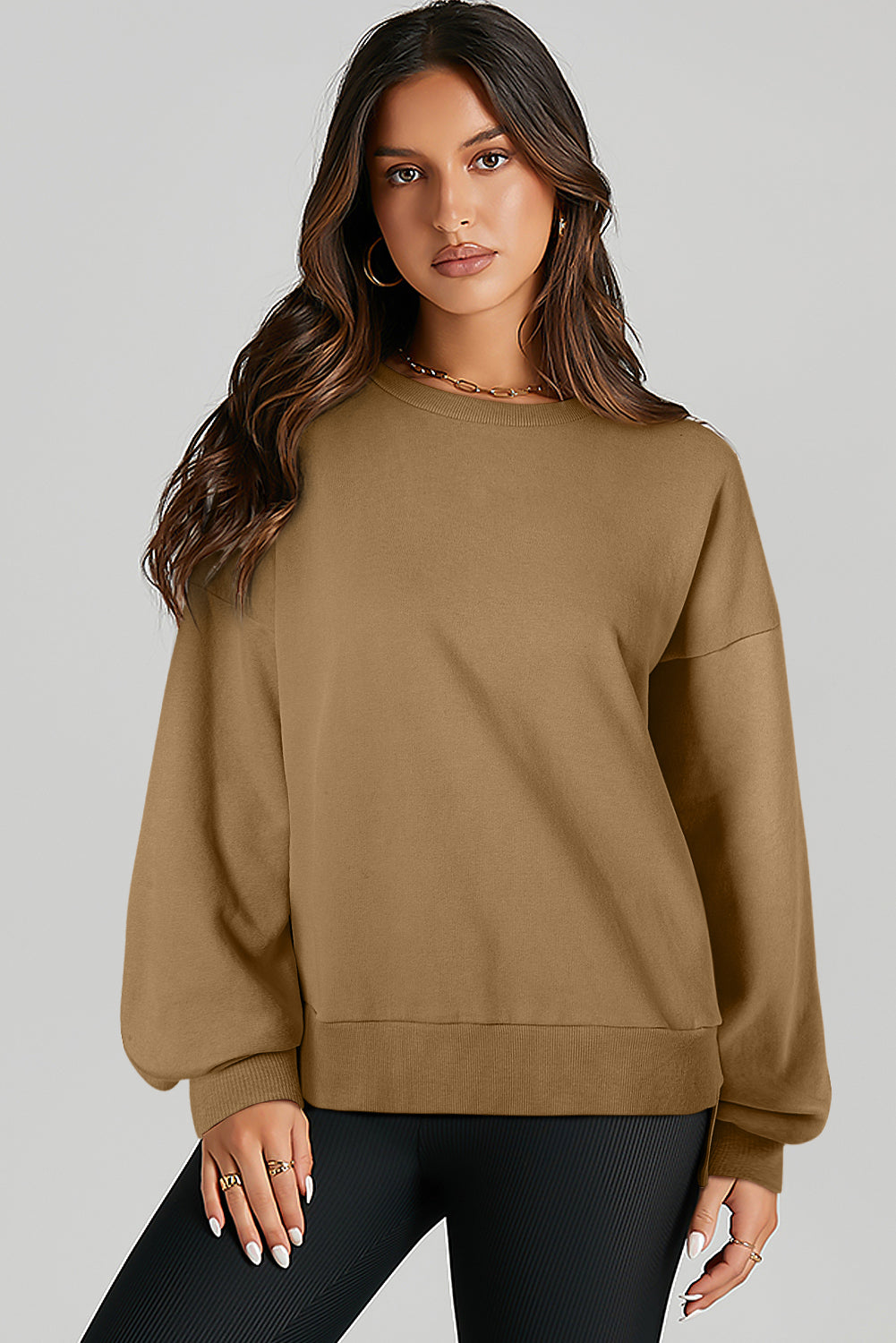 Black Solid O Neck High Low Hem Pullover Sweatshirt