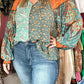 Green Floral Patchwork Lantern Sleeve Buttoned V Neck Plus Size Blouse