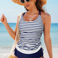 Blue Stripe Drawstring Tummy Control Mix-and-match 2pcs Tankini Swimsuit